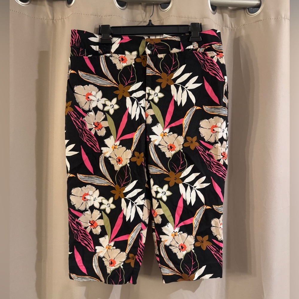 White Petite Stag Black Floral Capris  with Pink & Brown Accents